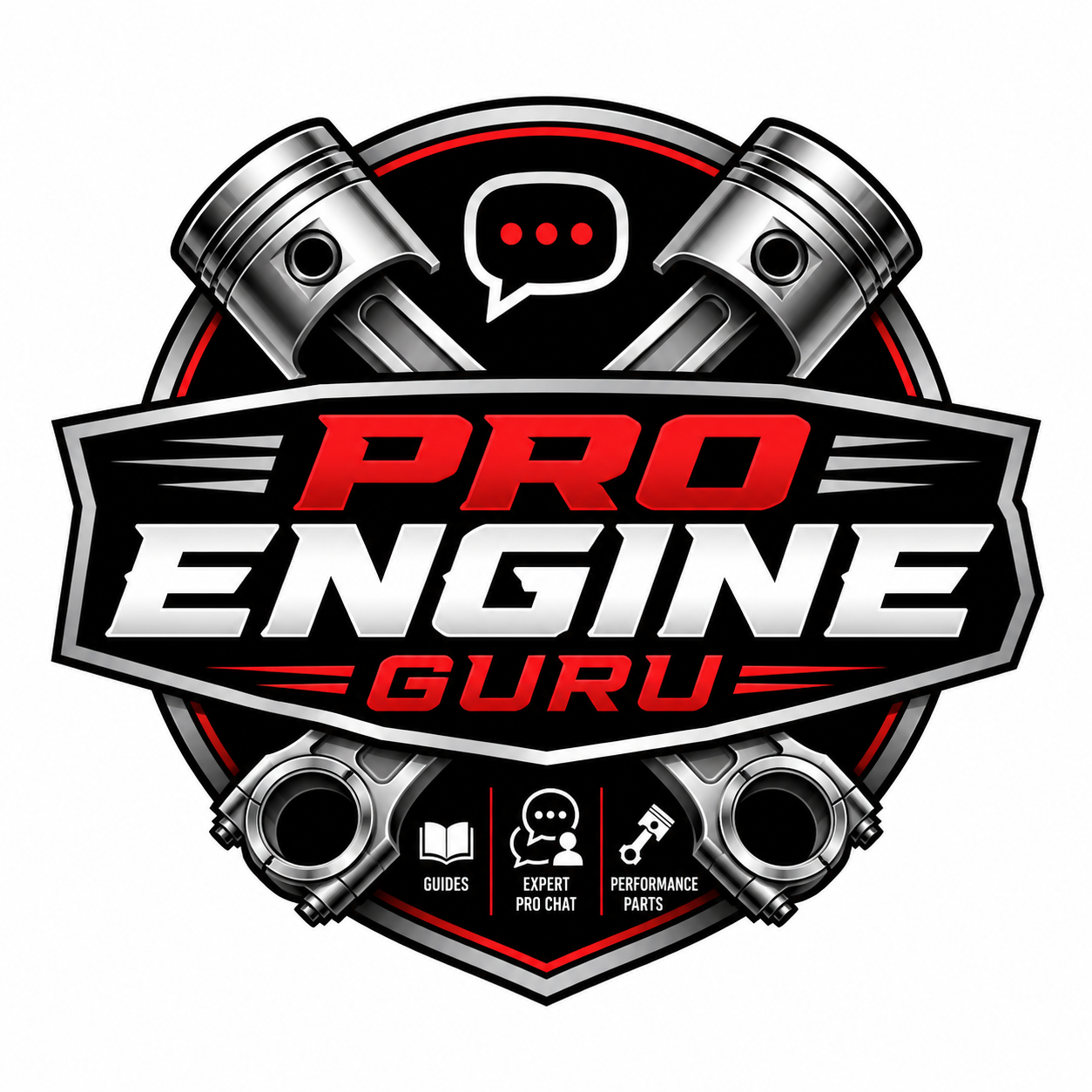 Pro Engine Guru emblem logo with crossed chrome pistons in a shield badge, a chat bubble icon, and large “PRO ENGINE GURU” text with guide/chat/parts icons along the bottom.